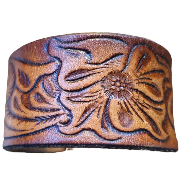 Handmade Vintage Tooled Leather Cuff Bracelet - Picture 3 of 7
